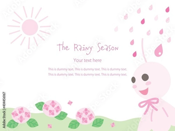 Obraz 梅雨の紫陽花と雨とピンク色のてるてる坊主の風景