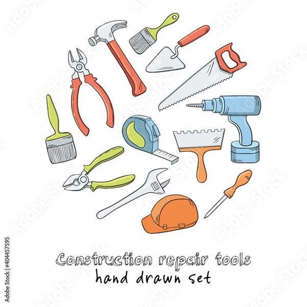 Fototapeta Vector hand drawn construction and repair tools set . Vector illustration