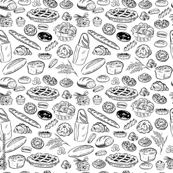 Obraz Vector seamless pattern with bakery goods - pie, bread, cookie, donut, croissant - outline isolated objects on white background. Hand drawn sketch style. Vector illustration. Packaging wrapping paper.