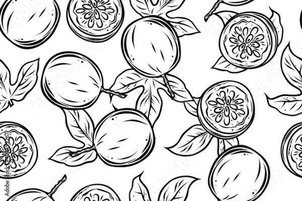 Fototapeta Seamless pattern of passion fruits, vector, monochrome