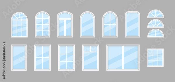 Fototapeta Glass window. Icon of windows with frame for house and office. Double window with arch for balcony. Hung glass for architecture or exterior. Plastic windowpane for building. Isolated icons. Vector