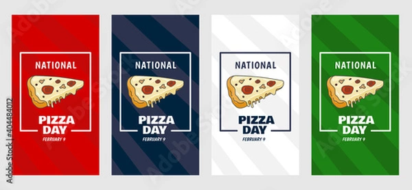 Fototapeta Set of Modern banner National Pizza Day Story post template for social media post. Vector vertical banner collection with 4 color red, navy, white and green.