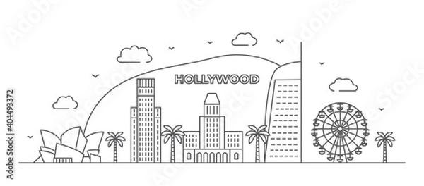 Fototapeta Los Angeles Line drawing Hollywood illustration in line style on white background
