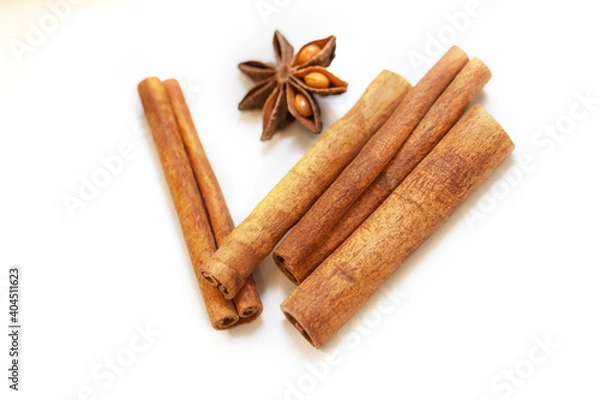 Obraz Cinnamon and anise isolated on white background close up.
