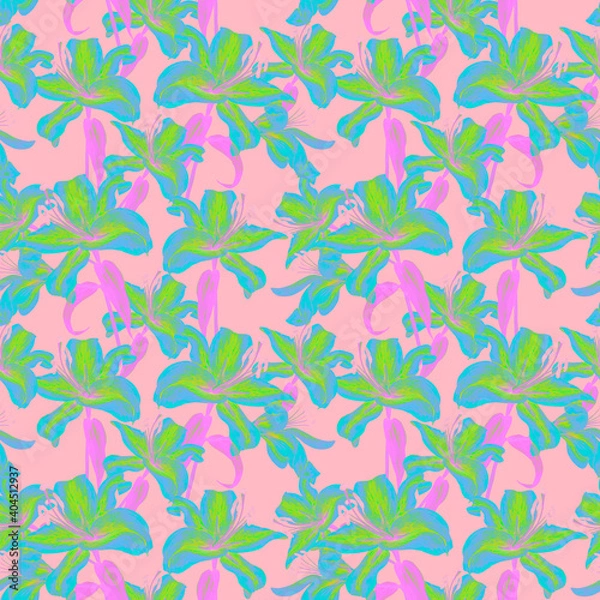 Fototapeta seamless pattern with abstract flowers lilies on pink background, hand painted watercolor