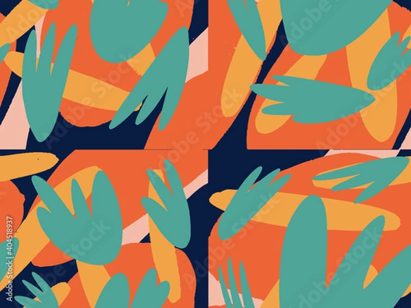 Fototapeta Seamless abstract doodle background pattern in bright summer positive colors. Hand-drawn abstract pattern with randomly arranged spots and dots and lines. Pencil and paint texture.