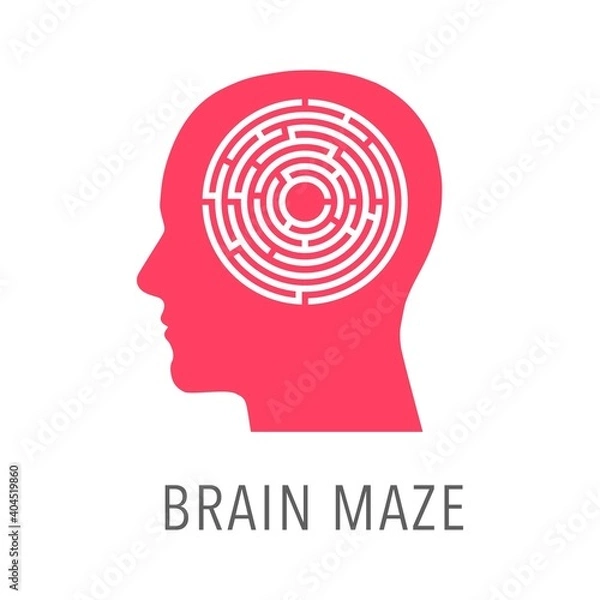Fototapeta Abstract isolated logo human head profile with brain maze on white background.Design template icon smart games,sign intelligence quotient,symbol advance mind brain.Vector illustration business company