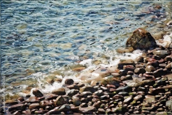 Fototapeta Crashing Wave on Rocky Beach Illustration. Blue and white water meeting the warm colored rocks on the shore.