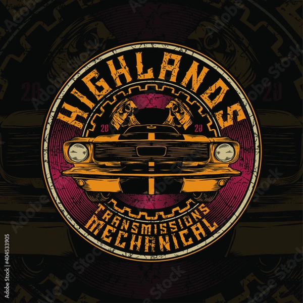 Fototapeta Highland mechanical of vintage car with circle and piston background vector