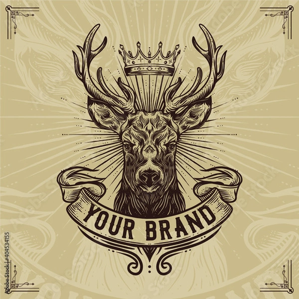 Fototapeta Reindeer logo with ribbon on crown and rays