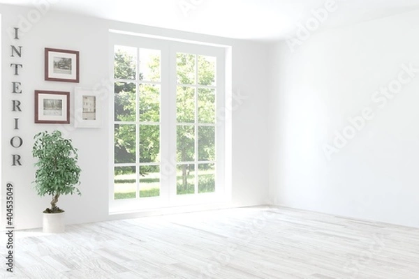 Obraz White empty room with summer landscape in window. Scandinavian interior design. 3D illustration
