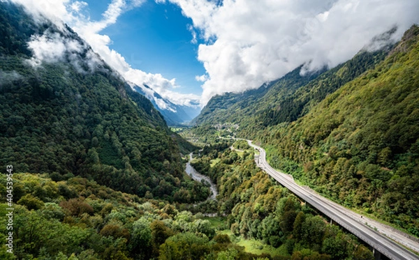 Fototapeta View of Swiss A13 highway from the Mesocco Castle (Castello di Mesocco). It is one of the largest castles in the Swiss canton of Graubünden.