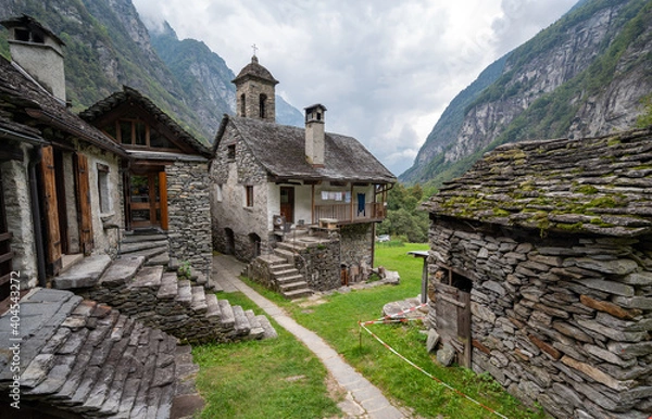 Obraz Stone buildings in hamlet of Foroglia in Maggia Valley of Ticino, Switzerland