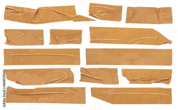 Obraz Beige adhesive tape, set of crumpled torn pieces of sticky brown tape on white background