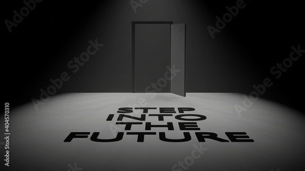 Obraz Door opening and revealing light. step into the future text on floor. 3D rendering motion illustration.