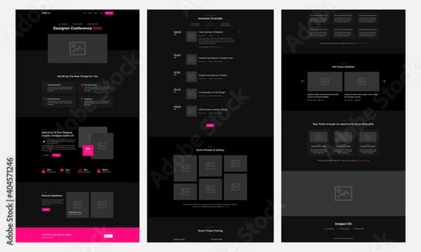 Fototapeta One page event management template. Landing page UX UI wireframe. Flat modern responsive design. website: home, feature about, speakers, schedule, gallery, pricing, testimonials, faq, blog, map.