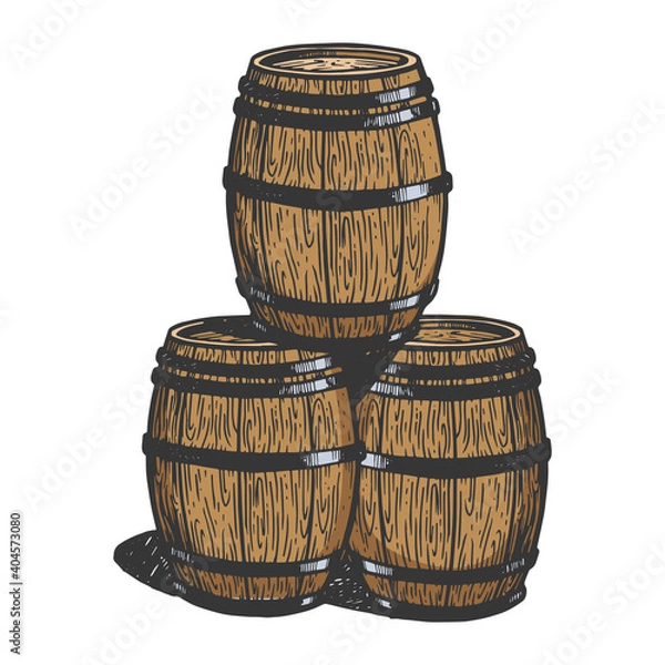 Obraz Wine beer wooden barrels engraving color vector illustration. Scratch board style imitation. Black and white hand drawn image.