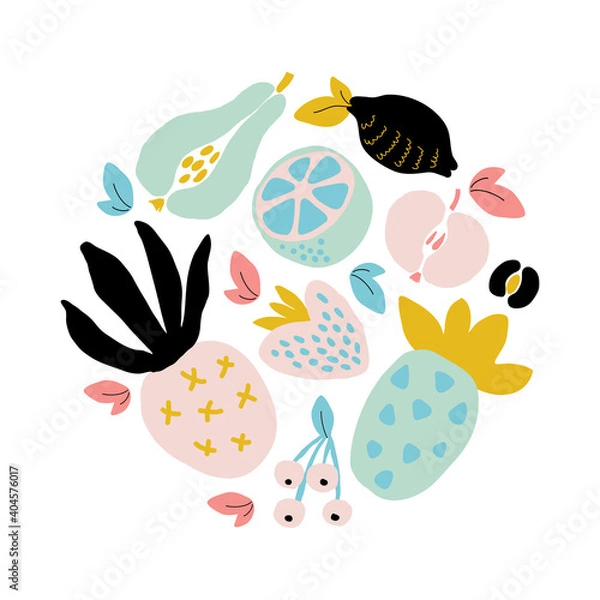 Fototapeta Cute Summer poster with abstract fruits collage, cut paper pieces immitation, trendy minimal graphic design style. Vector illustration