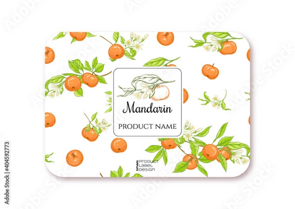 Fototapeta Mandarin. Ripe citrus. Template for product label, cosmetic packaging. Easy to edit. Graphic drawing, engraving style. Vector illustration.