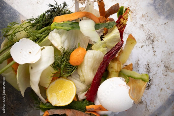 Fototapeta Compost at home. Pruning vegetables and fruits. Fertilizer for the soil. Eco