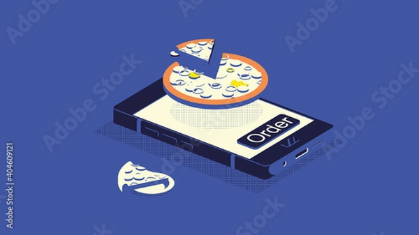 Fototapeta Flat 3d isometric pizza delivery infographic concept illustration. Smartphone with digital food delivery application.