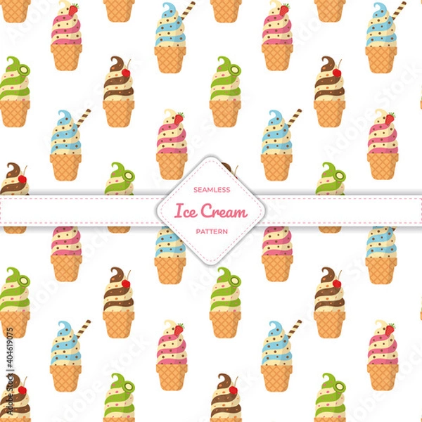 Obraz Seamless pattern design vector ice cream cone, cup and stick flat design pastel colourful summer. Premium Vector