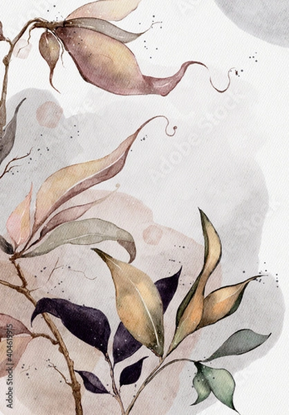 Obraz drawing of a branch with leaves and watercolor splashes on a white background