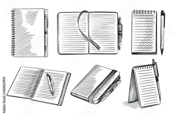 Fototapeta Hand drawn sketch set of notebooks on a white background. Opened notebook, notebook with pen, sketchbook, spring notebook, dairy, dot grid notebook 