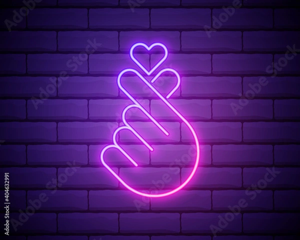 Obraz K-POP neon sign. Sign of Finger Heart with colorful neon lights isolated on brick wall. Vector illustration.