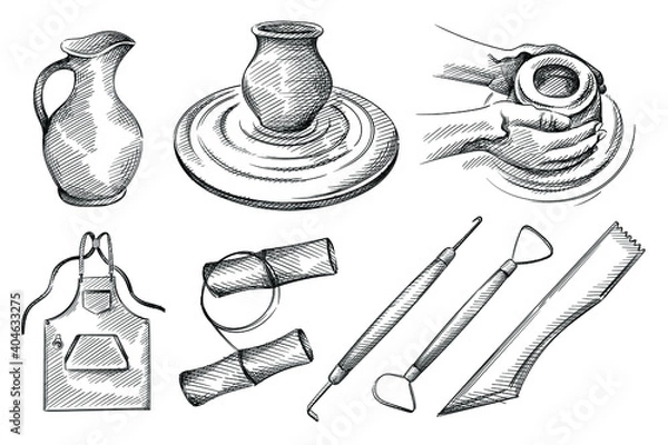 Fototapeta Hand drawn sketch set of pottery, ceramics tools. Pottery jug, hands doing pottery, jug on pottery wheel, apron, clay cutting, clay string, needle tool for ceramics, clay loop, wood modelling tool