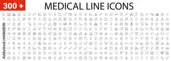 Obraz Zestaw ikon wektorowych medycznych. Ikony linii, znak i symbole w projektowaniu liniowym. Medycyna, opieka zdrowotna i pandemia wirusa Covid-19. Koncepcje mobilne i aplikacje internetowe. Nowoczesne logo infograficzne i piktogram.
