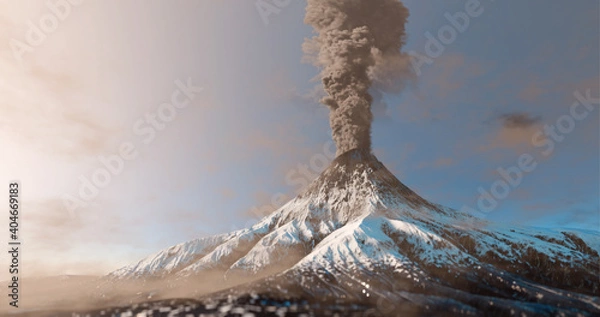 Fototapeta Śnieżna górska erupcja wulkanu z chmurą dymu na szczycie