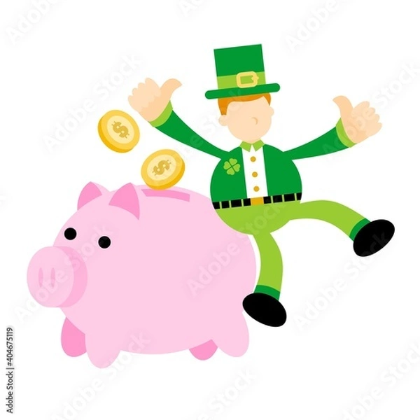 Obraz Happy Leprechaun and pig bank money dollar economy finance cartoon doodle flat design style vector illustration