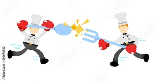 Obraz Chef man worker competition fight boxing with each other cartoon doodle flat design style vector illustration