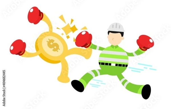 Fototapeta worker engineer man punch money coin dollar cartoon doodle flat design style vector illustration