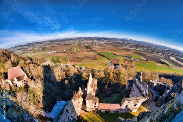 Fototapeta View from the Schaunberg castle ruins in the Hartkirchen district of Upper Austria