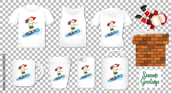 Fototapeta Santa Claus dancing cartoon character with set of different clothes and accessories products on transparent background