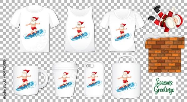 Fototapeta Santa Claus dancing cartoon character with set of different clothes and accessories products on transparent background
