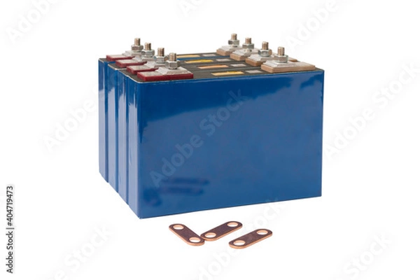 Fototapeta A pack of Lithium Phosphate Lifepo 4 cells battery with a terminal up and bus bar ready to connect isolate on white background with clipping path.