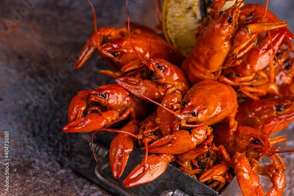 Obraz A pile of tasty boiled crawfish. Boiled red crayfish or crawfish with  herbs on a table. Crayfish party, restaurant, cafe, pub menu.