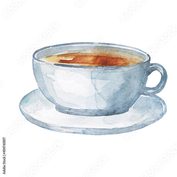 Fototapeta Watercolor drawing of a cup of coffee or tea. Image for the menu of restaurants and cafes. Coffee drink. A cup of black tea, a cup of coffee. Fragrant Americano, cappuccino.
