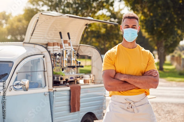 Obraz Portrait Of Man Wearing Face Mask Running Independent Mobile Coffee Shop Standing Next To Van