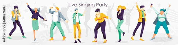 Fototapeta Live singing party. People singing song together with microphones. karaoke party, contest, competition, festival, live performance flat vector illustration