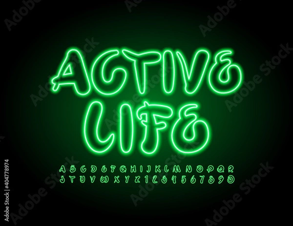 Fototapeta Vector glowing emblem Active Life. Green Neon Font. Artistic bright Alphabet Letters and Numbers set