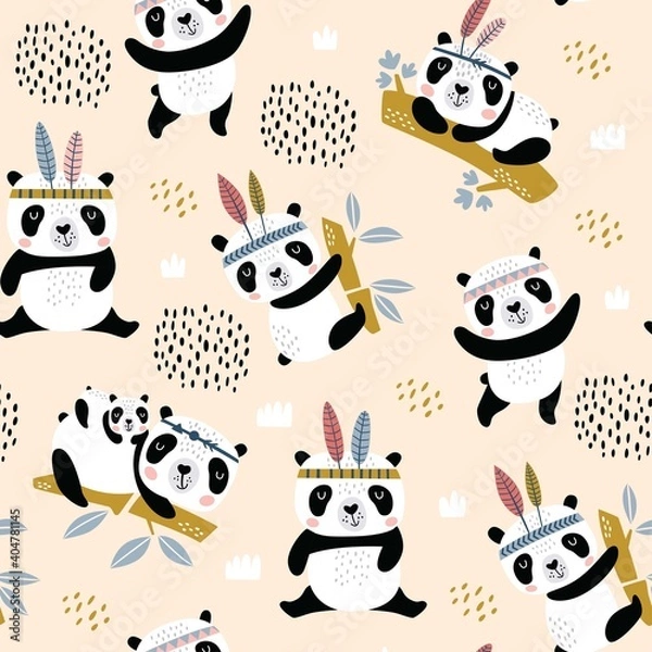 Obraz Seamless childish pattern with hand drawn cute pandas. Creative Scandinavian kids texture for fabric, wrapping, textile, wallpaper, apparel. Vector illustration