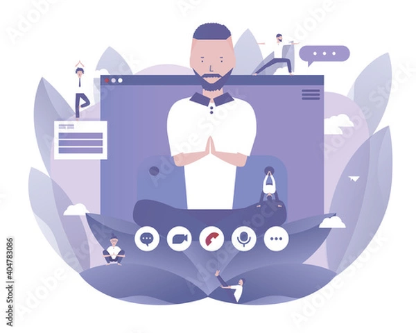 Fototapeta A man is meditating and teaching how to meditate online in blog. Vector illustration for telework, remote working and freelancing, business, start up, social media and blog