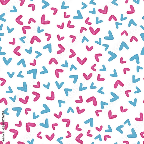 Fototapeta Vector watercolor seamless pattern with blue and pink hearts, cute love texture on white background