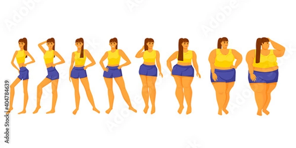 Fototapeta Body mass index. Girls of different shapes. Diet. Obesity. Anorexia. Stock vector illustration. Isolated on a white background. Cartoon design.
