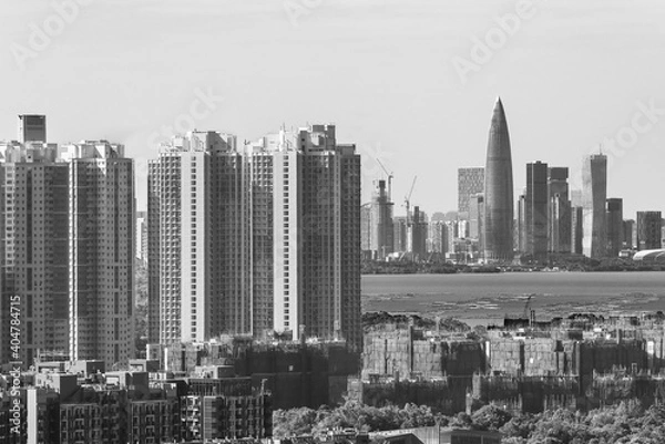 Fototapeta Skyline of downtown of Shenzhen city in China and residential building in Hong Kong city