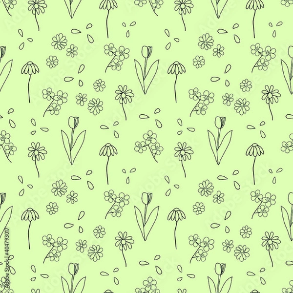 Obraz vector seamless doodle pattern with flowers on a green background